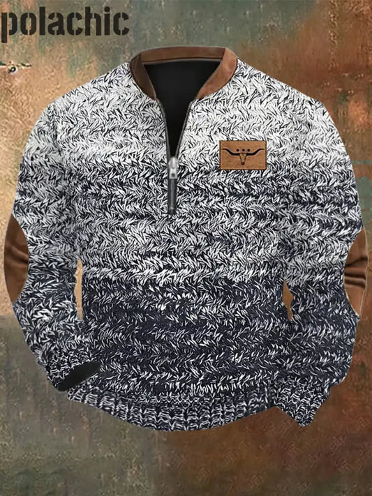 Retro Art Print Design V-Neck Zipper Sweat-Shirt À Manches Longues Pour Hommes A / S
