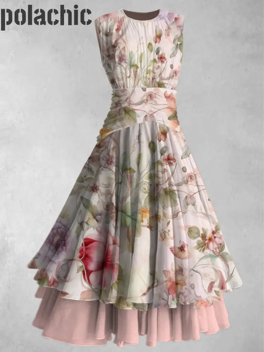 Retro Boho Floral Art Imprimé 50 S Élégant Chic Mousseline De Soie Sans Manches Maxi Robe A / S