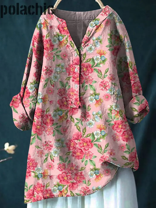 Rétro Boho Floral Art Imprimé Col En V Bouton Lâche Chemise À Manches Longues A / S