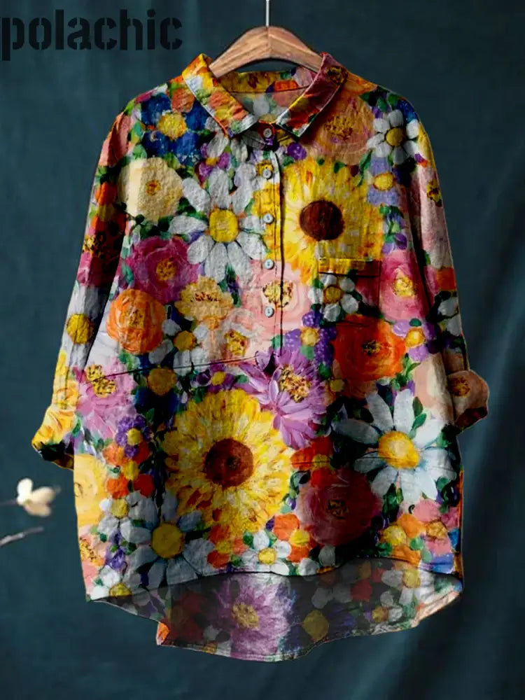 Rétro Boho Floral Art Imprimé Col Rond Bouton Poche Lin Mi Chemise À Manches Longues A / S