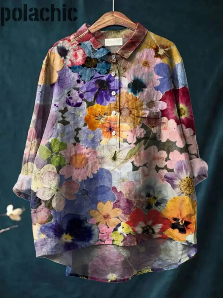 Rétro Boho Floral Art Imprimé Col Rond Bouton Poche Lin Mi Chemise À Manches Longues A / S