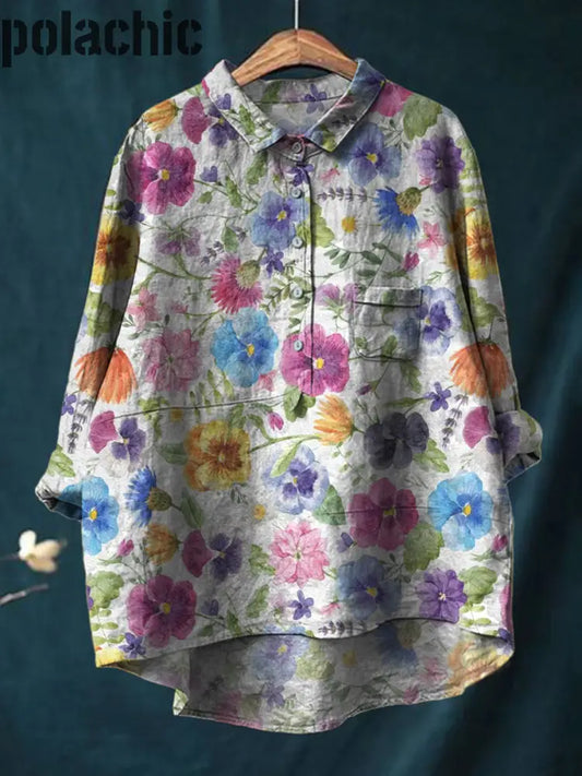 Rétro Boho Floral Art Imprimé Col Rond Bouton Poche Lin Mi Chemise À Manches Longues A / S