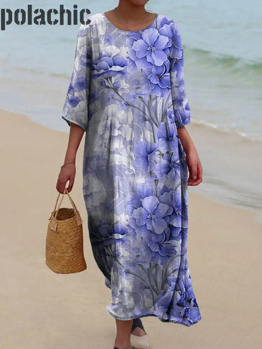 Rétro Boho Floral Art Imprimé Col Rond Vintage Lâche Manches Longues Midi Robe A / S
