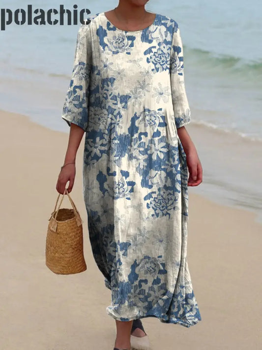 Rétro Boho Floral Art Imprimé Col Rond Vintage Lâche Manches Longues Midi Robe A / S