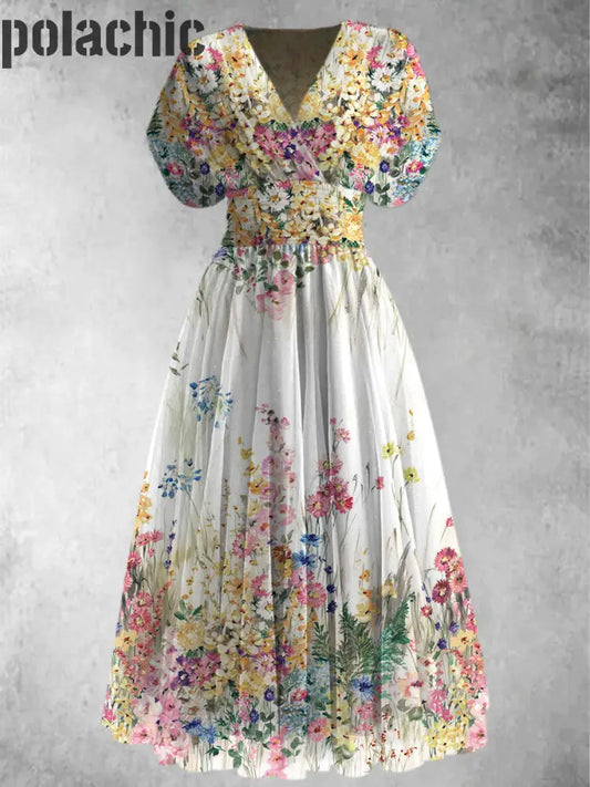 Rétro Boho Floral Art Imprimé Élégant Col En V Chic Mousseline De Soie À Manches Courtes Maxi