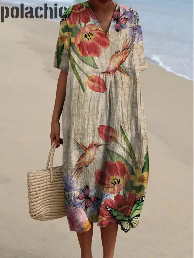 Rétro Boho Floral Art Imprimé V-Cou Élégant Chic Lâche Robe À Manches Courtes Midi A / S