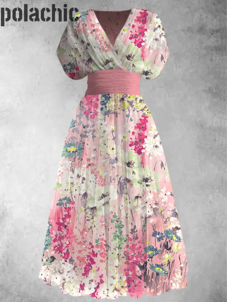 Rétro Boho Floral Art Imprimé V-Cou Élégant Chic Manches Courtes Maxi Dress A / S