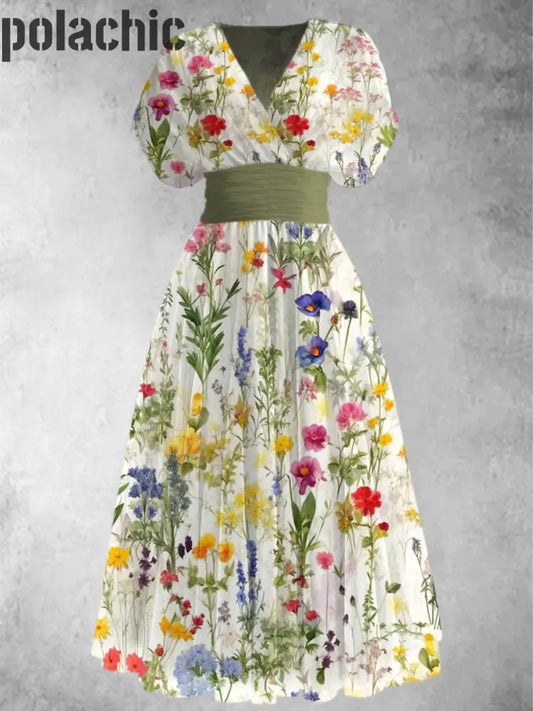 Rétro Boho Floral Art Imprimé V-Cou Élégant Chic Manches Courtes Maxi Dress A / S