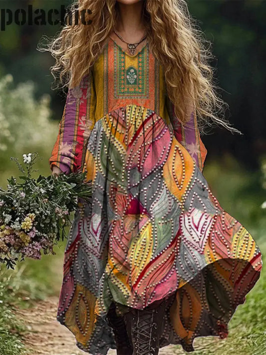 Rétro Boho Floral Art Print Vintage Chic Col En V À Manches Longues Midi Dress A / S