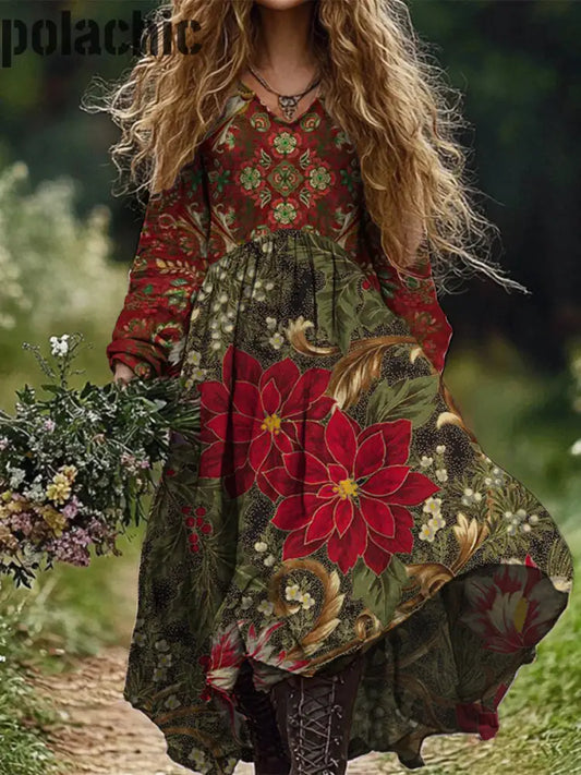 Rétro Boho Floral Art Print Vintage Chic Col En V À Manches Longues Midi Dress A / S