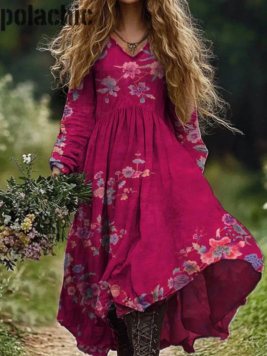 Rétro Boho Floral Art Print Vintage Chic Col En V À Manches Longues Midi Dress A / S