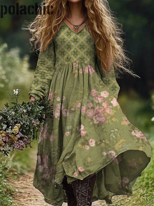 Rétro Boho Floral Art Print Vintage Chic Col En V À Manches Longues Midi Dress A / S