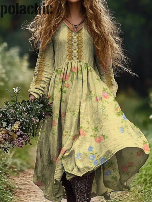 Rétro Boho Floral Art Print Vintage Chic Col En V À Manches Longues Midi Dress A / S