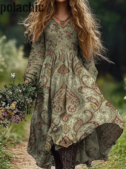 Rétro Boho Floral Art Print Vintage Chic Col En V À Manches Longues Midi Dress A / S