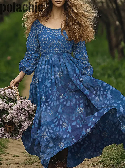 Retro Boho Floral Art Print Vintage Chic Col Rond À Manches Longues Midi Dress A / S