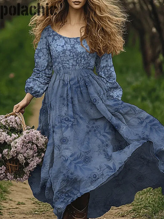 Retro Boho Floral Art Print Vintage Chic Col Rond À Manches Longues Midi Dress A / S