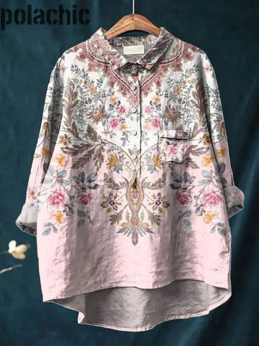 Rétro Boho Floral Imprimé Art Col Rond Bouton Poche Mi Chemise En Lin Coton À Manches Longues A / S