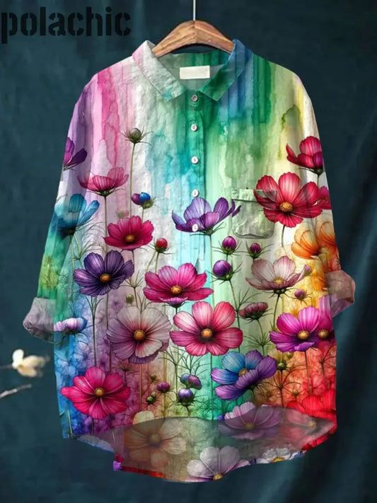 Rétro Boho Floral Imprimé Art Col Rond Bouton Poche Mi Chemise En Lin Coton À Manches Longues A / S