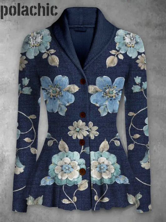 Rétro Boho Floral Imprimé Élégant Revers Col En V Boutonné Épais Tricot À Manches Longues