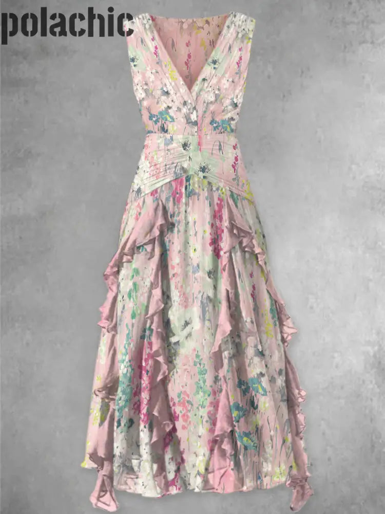 Rétro Boho Floral Imprimé V-Cou Élégant Chic En Mousseline De Soie Sans Manches Maxi Dress A / S