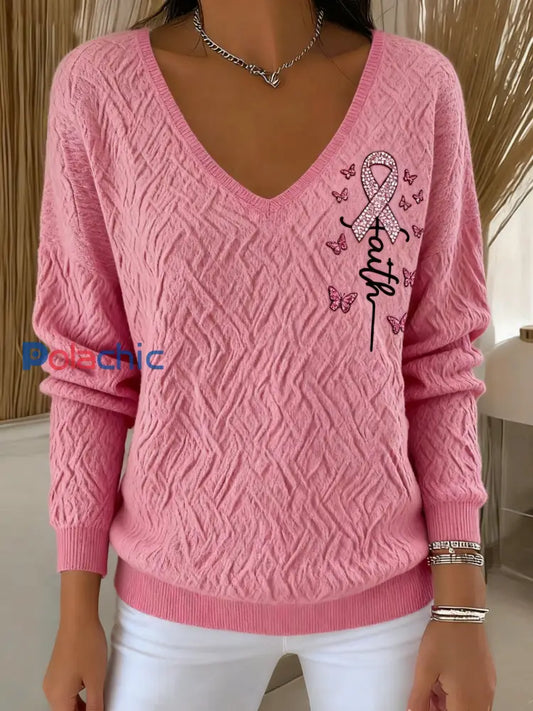 Retro Breast Cancer Diamond Faith Print Pull à manches longues Rose / S