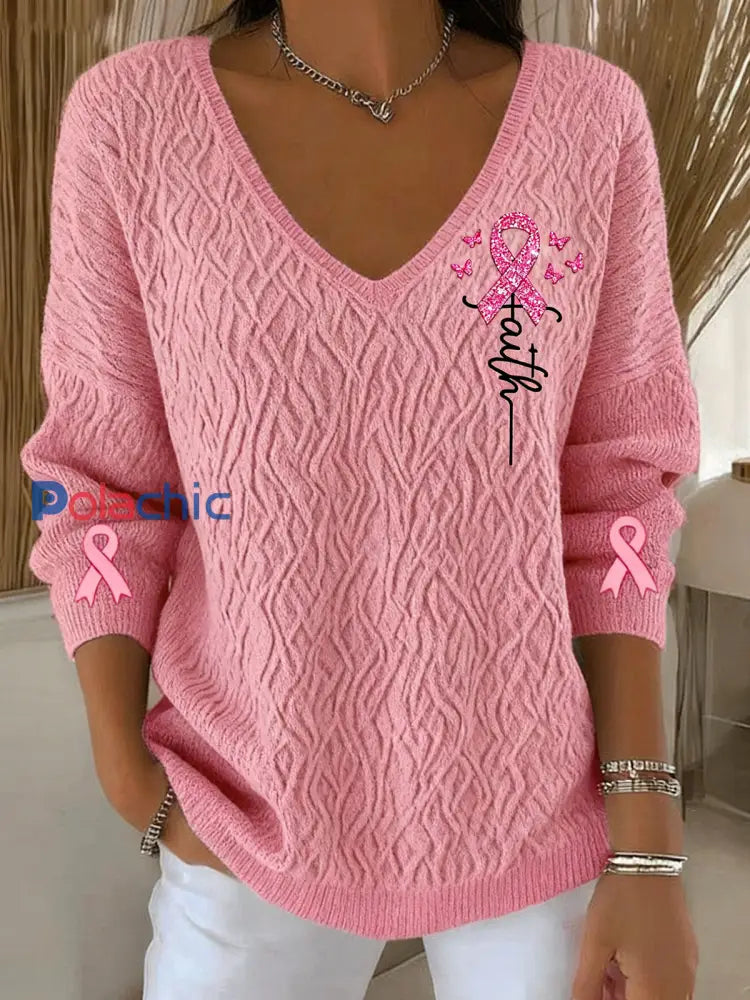 Retro Breast Cancer Diamond Faith Print Pull à manches longues Rose / S