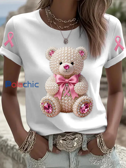 Retro Breast Cancer Pearl Bow Bear Imprimer T-shirt à manches courtes Blanc / S