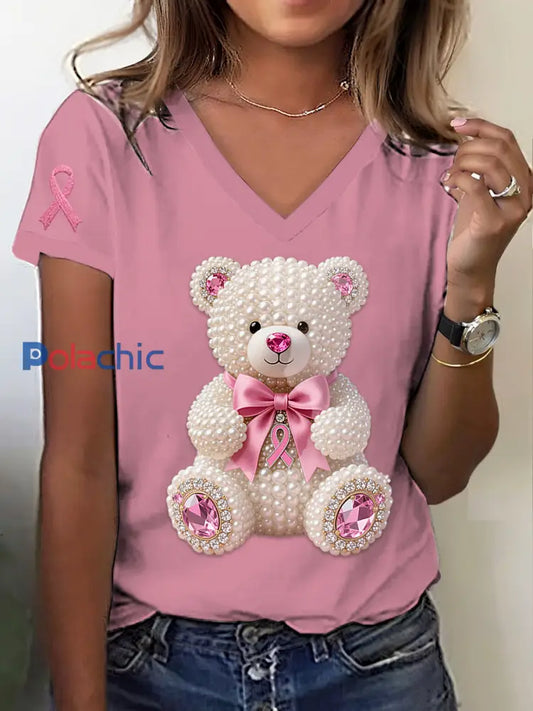 Retro Breast Cancer Pearl Diamond Mignon Ours Imprimer V-cou T-shirt à manches courtes Rose / S