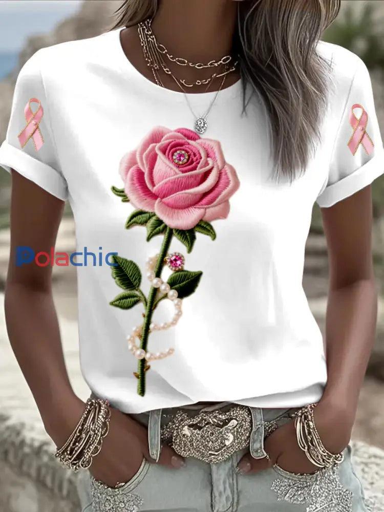 Rétro Cancer Du Sein Brodé Floral Bijoux avec Perles Imprimer Confortable Casual Coton À Manches Courtes T-shirt Blanc