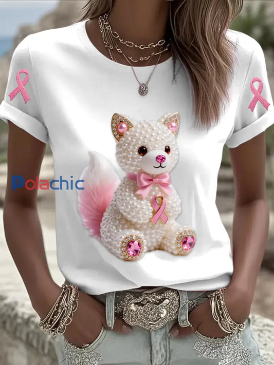 Rétro Cancer du sein Pearl Bow Cat Imprimer T-shirt à manches courtes Blanc / S