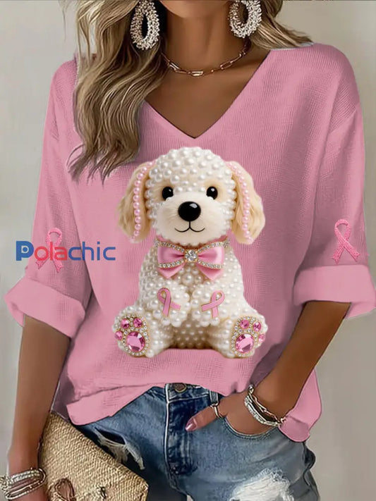 Rétro Cancer Du Sein Perle Diamant Chiot Mignon Imprimer Casual Coton Gaufré À Manches Longues T-Shirt Rose / S