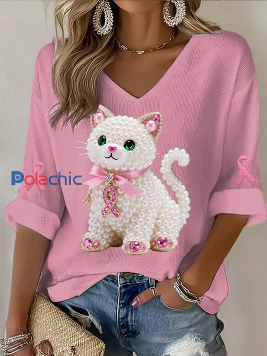 Rétro Cancer Du Sein Perle Diamant Mignon Kitty Imprimer Casual Coton Gaufré À Manches Longues T-shirt Rose / S