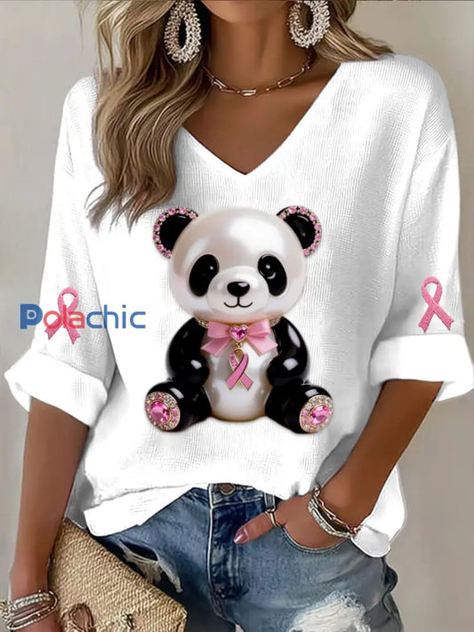 Rétro Cancer Du Sein Perle Diamant Mignon Panda Imprimer Casual Coton Gaufré À Manches Longues T-shirt Blanc / S
