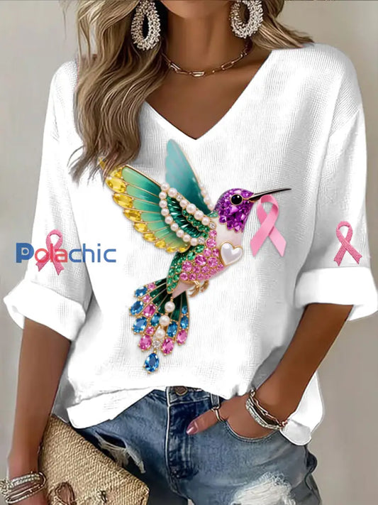Rétro Cancer Du Sein Perle Diamant Multicolore Colibri Abstrait Imprimer Casual Coton Gaufre À Manches Longues T Shirt
