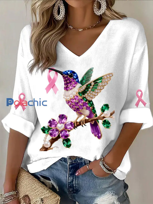 Rétro Cancer Du Sein Perle Diamant Multicolore Colibri Abstrait Imprimer Casual Coton Gaufre À Manches Longues T Shirt