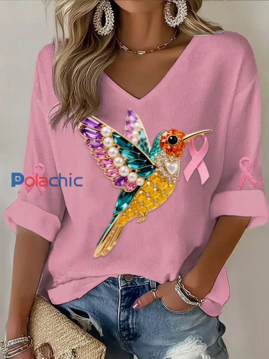 Rétro Cancer Du Sein Perle Diamant Multicolore Colibri Abstrait Imprimer Casual Coton Gaufre À Manches Longues T Shirt