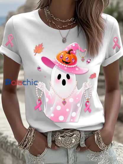 Rétro Cancer Du Sein Perle Halloween Fantôme Imprimé Confortable Décontracté Coton À Manches Courtes T shirt Blanc / S