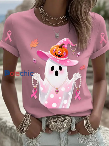 Rétro Cancer Du Sein Perle Halloween Fantôme Imprimé Confortable Décontracté Coton À Manches Courtes T shirt Rose / S