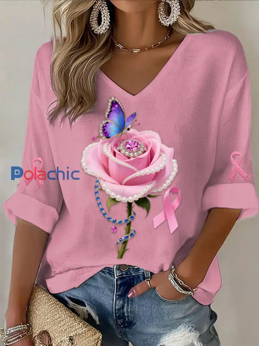 Rétro Cancer Du Sein Perle Rose Floral Papillon Abstrait Imprimé Casual Coton Gaufré À Manches Longues T Shirt Rose / S