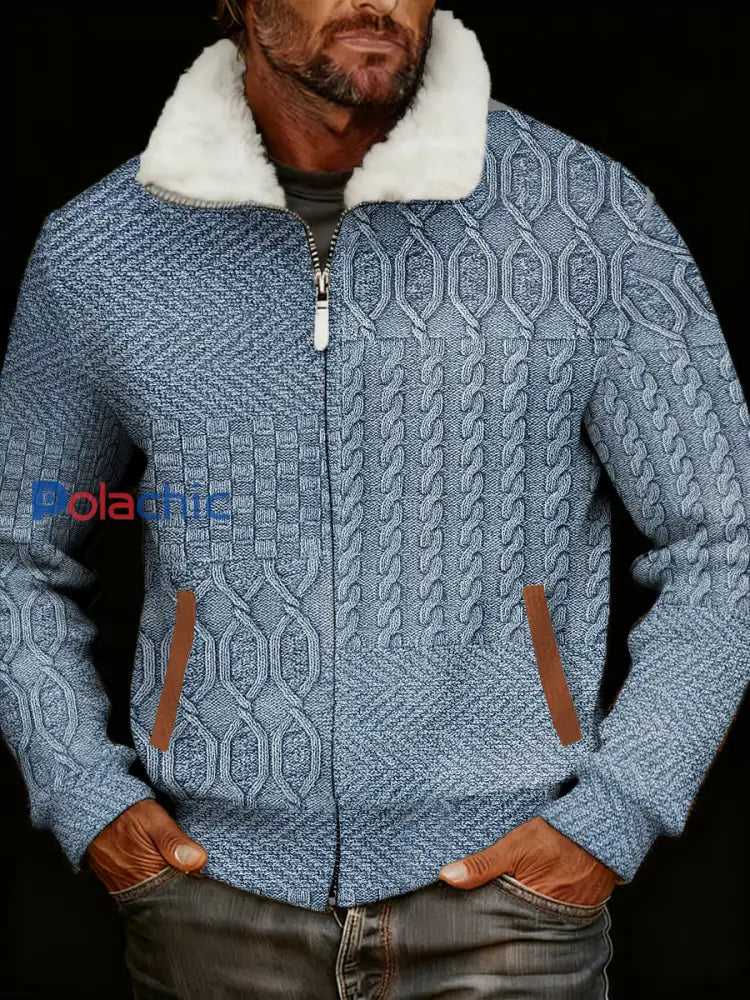 Rétro Casual Cable Motif Imprimer Fourrure col Zipper Jacket des hommes Bleu / S