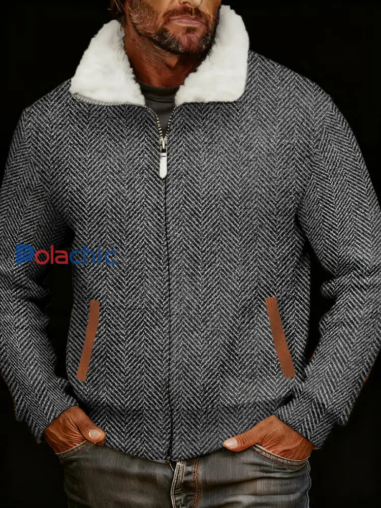 Rétro Casual Herringbone Imprimer Fourrure col Zipper Jacket des hommes Gris Foncé / S
