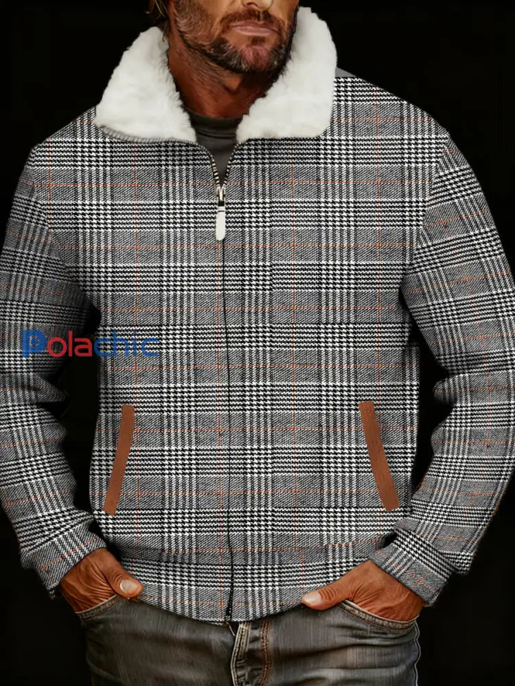 Rétro Casual Houndstooth imprimé col en fourrure Zip-Up Jacket des hommes Gris / S