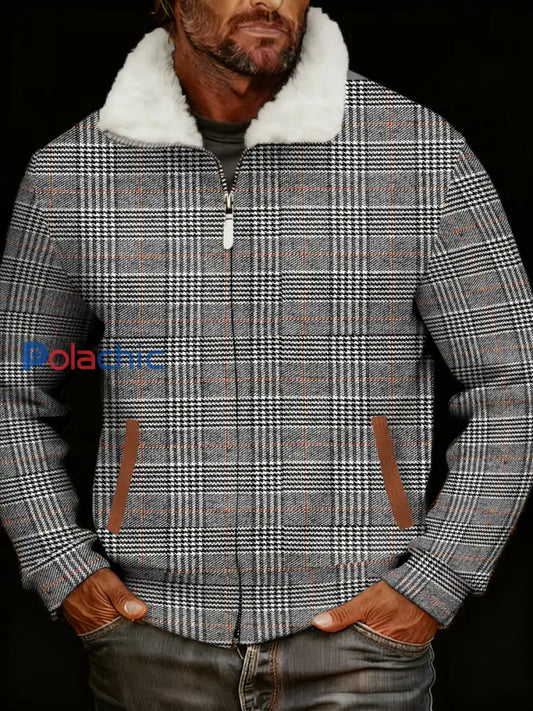 Rétro Casual Houndstooth imprimé col en fourrure Zip-Up Jacket des hommes Gris / S