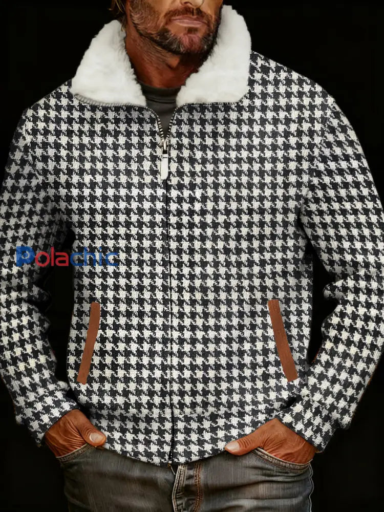 Rétro Casual Houndstooth imprimé col en fourrure Zip-Up Jacket des hommes noir et blanc / S