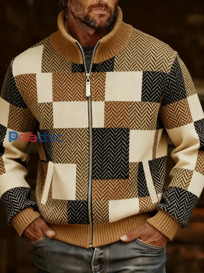 Retro Casual Plaid Imprimé Col En Fourrure Zip-Up Veste Pour Hommes comme image / S