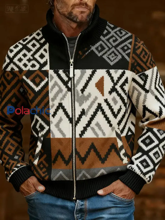 Retro Casual Plaid Imprimé Col En Fourrure Zip-Up Veste Pour Hommes comme image / S