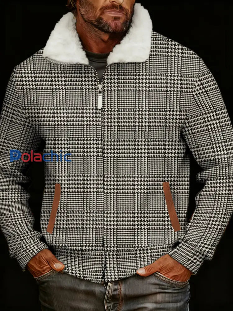 Retro Casual Plaid Imprimé Col En Fourrure Zip-Up Veste Pour Hommes comme image / S
