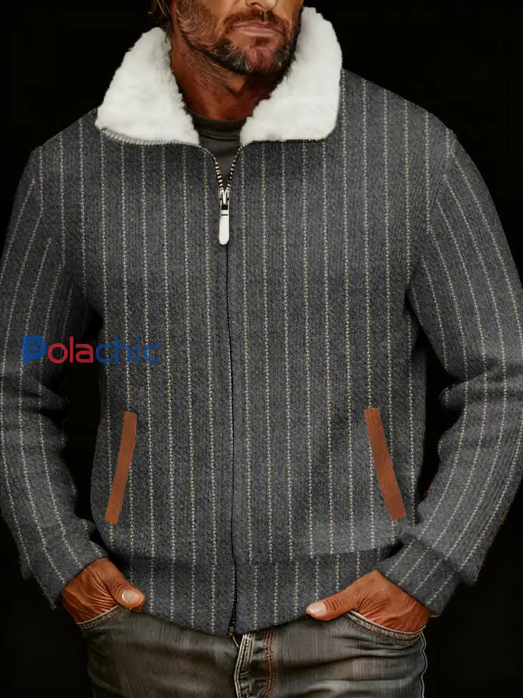 Retro Casual Stripes Imprimé Fourrure Collar Zip-Up Jacket des hommes Gris Foncé / S
