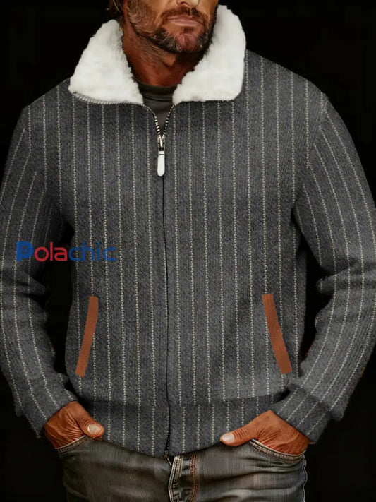 Retro Casual Stripes Imprimé Fourrure Collar Zip-Up Jacket des hommes Gris Foncé / S