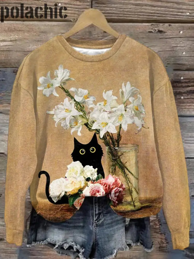 Rétro Cat Art Print À La Mode Col Rond Pull Haut Manches Longues